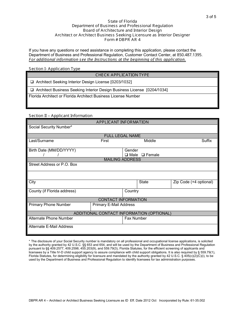 Form DBPR AR4 Architect or Architect Business Seeking Licensure as Interior Designer - Florida, Page 3