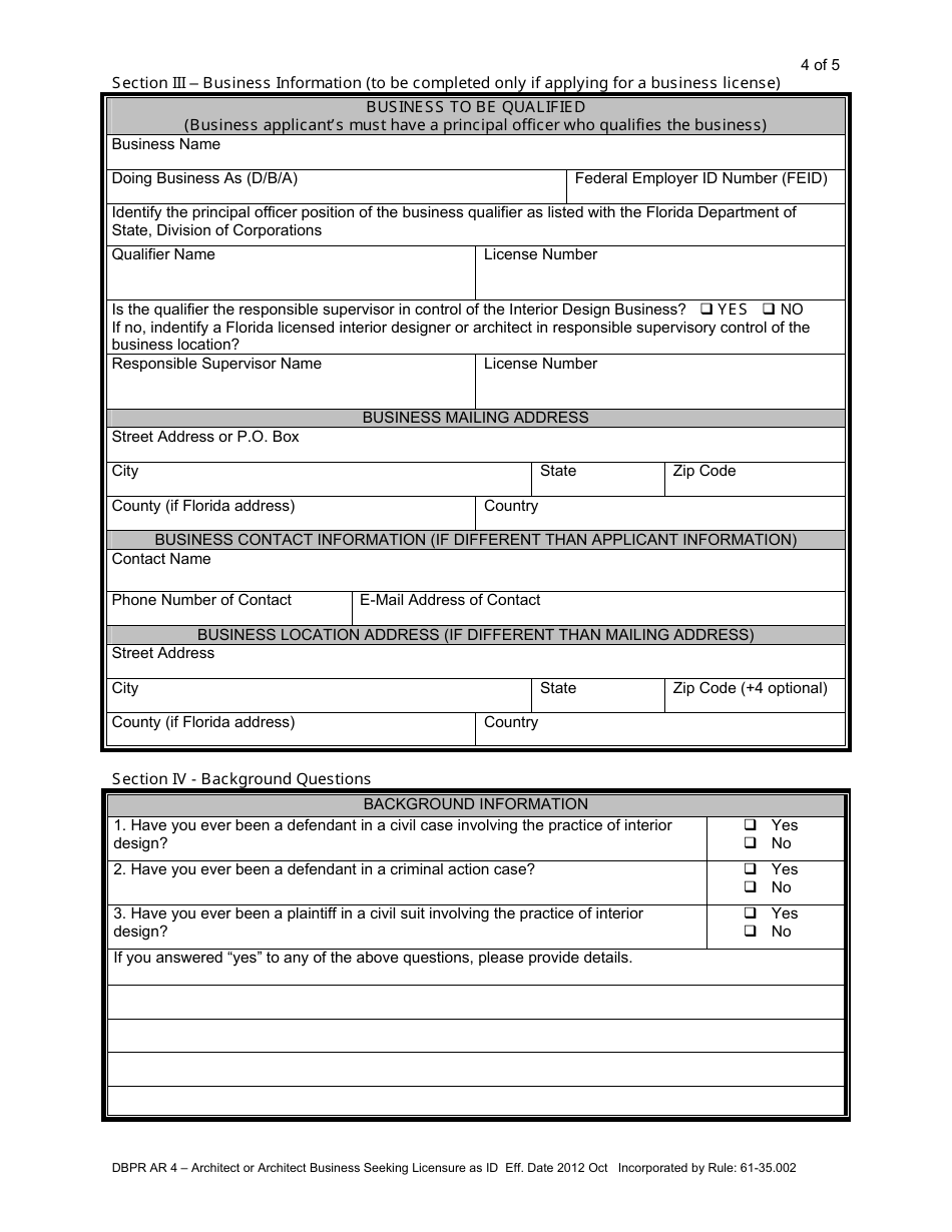 Form DBPR AR4 Architect or Architect Business Seeking Licensure as Interior Designer - Florida, Page 4