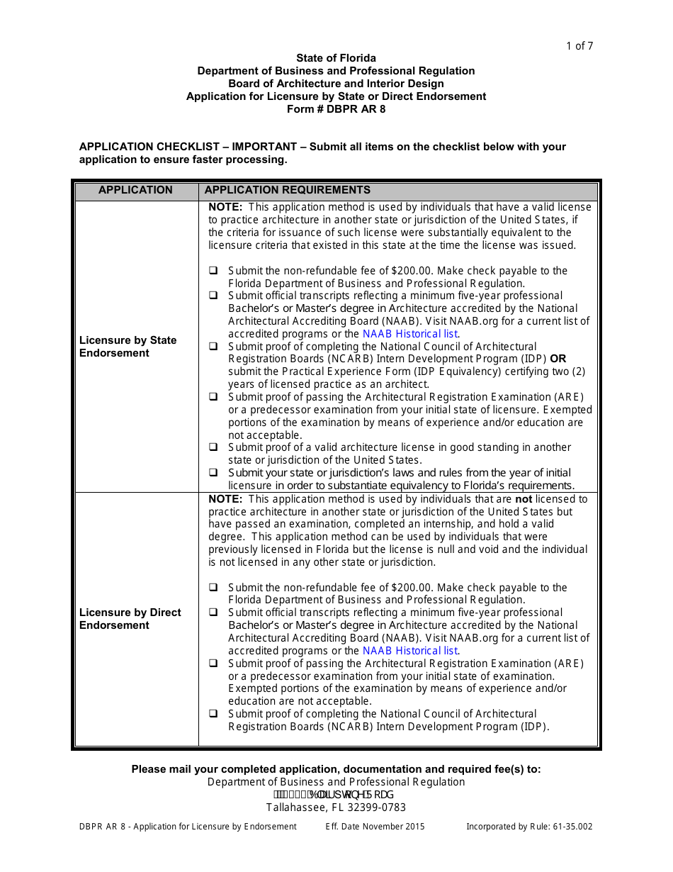 Form DBPR AR8 Application for Licensure by State or Direct Endorsement - Florida, Page 1