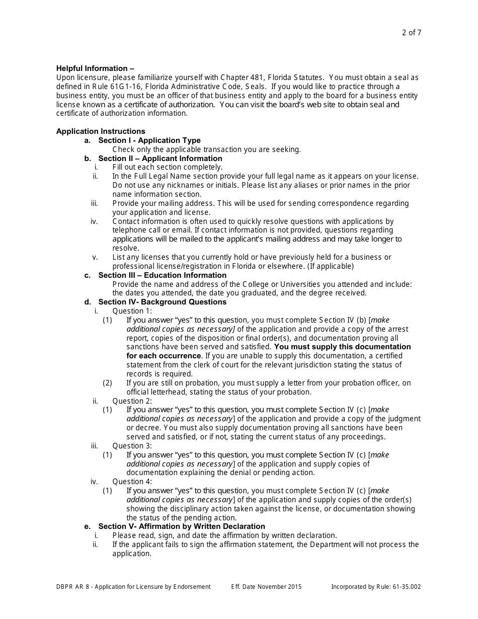 Form DBPR AR8 Application for Licensure by State or Direct Endorsement - Florida, Page 2