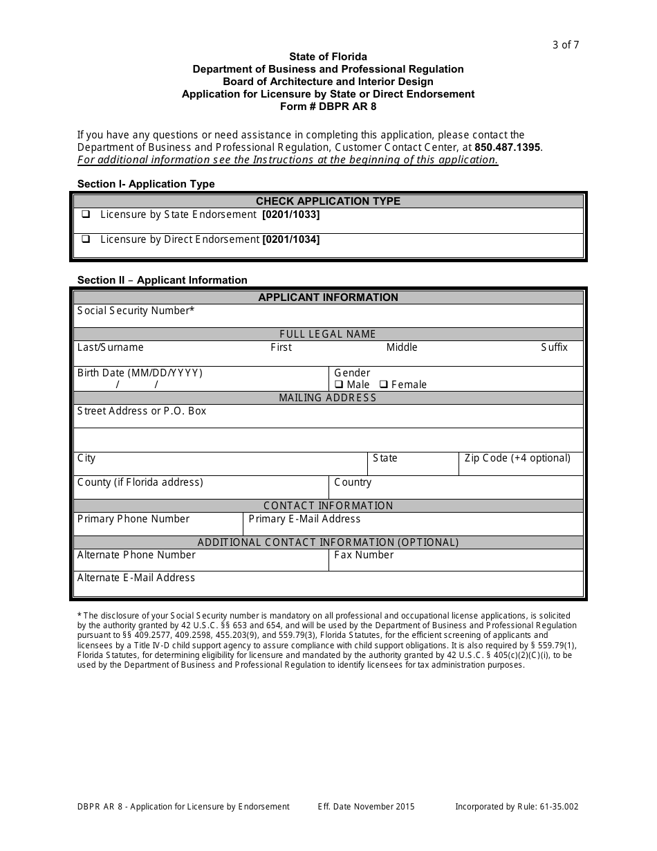 Form DBPR AR8 Application for Licensure by State or Direct Endorsement - Florida, Page 3