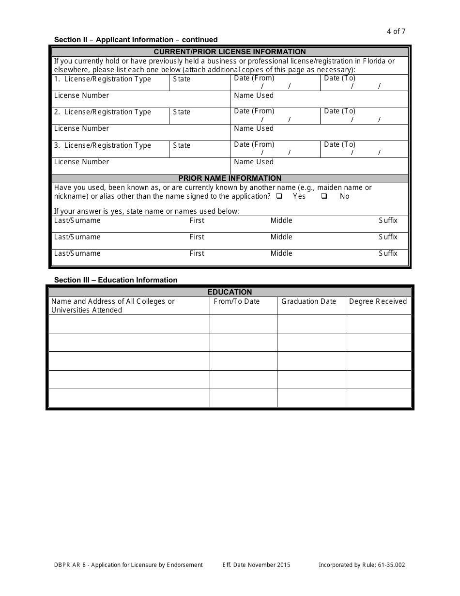 Form DBPR AR8 Application for Licensure by State or Direct Endorsement - Florida, Page 4
