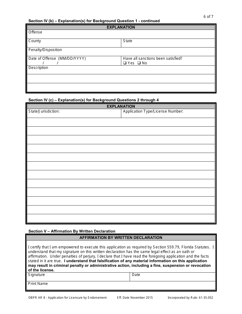 Form DBPR AR8 Application for Licensure by State or Direct Endorsement - Florida, Page 6
