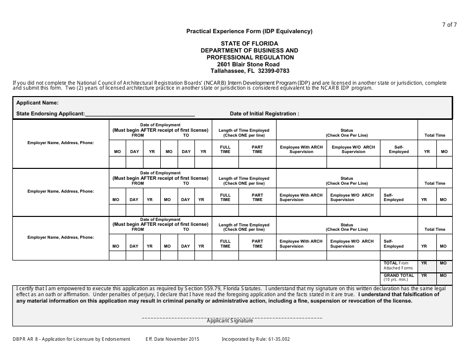 Form DBPR AR8 Application for Licensure by State or Direct Endorsement - Florida, Page 7