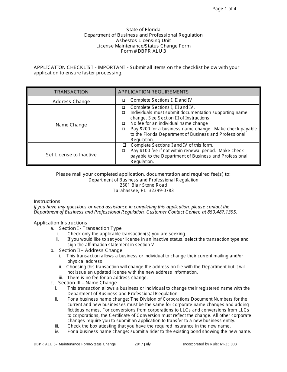 Form DBPR ALU3 License Maintenance/Status Change Form - Florida, Page 1