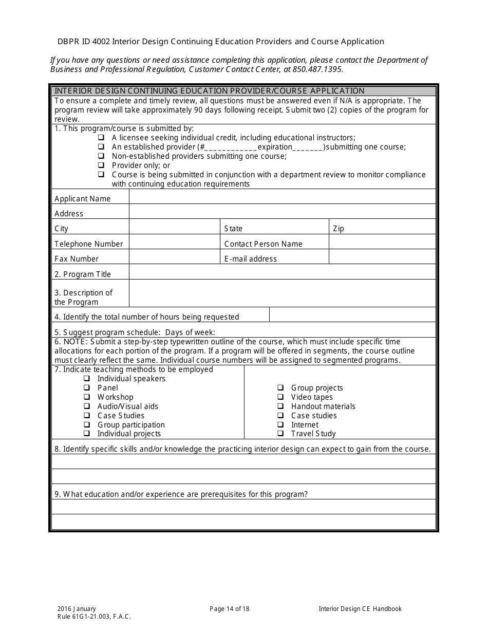 Form DBPR ID4002 Interior Design Continuing Education Providers and Course Application - Florida, Page 14