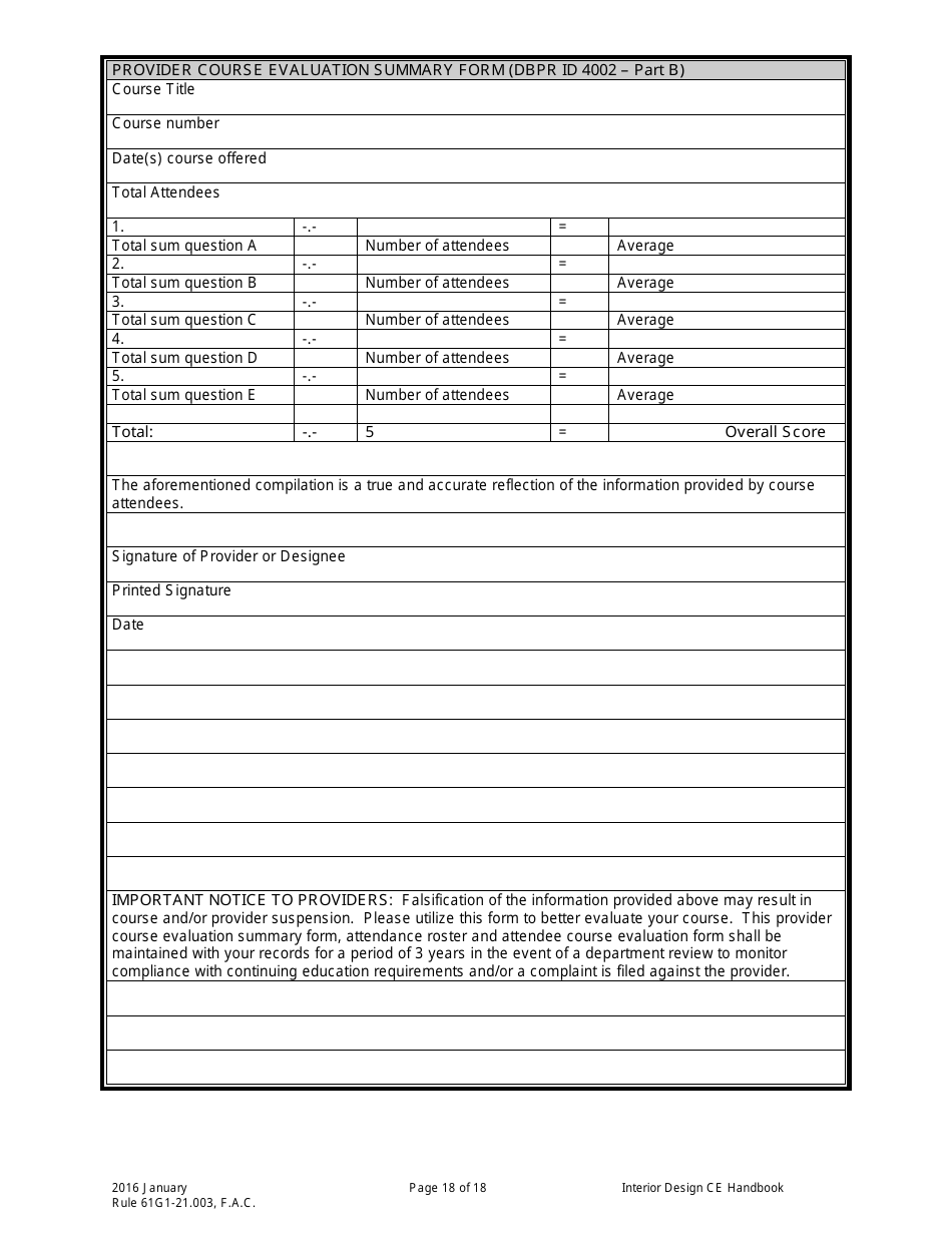 Form DBPR ID4002 Interior Design Continuing Education Providers and Course Application - Florida, Page 18