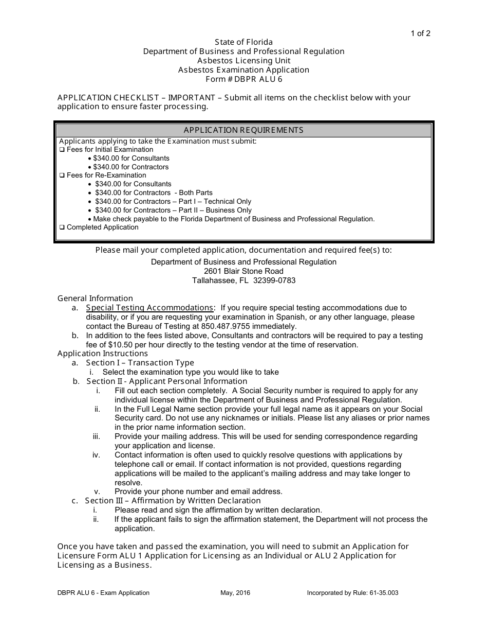 Form DBPR ALU6 Asbestos Examination Application - Florida, Page 1