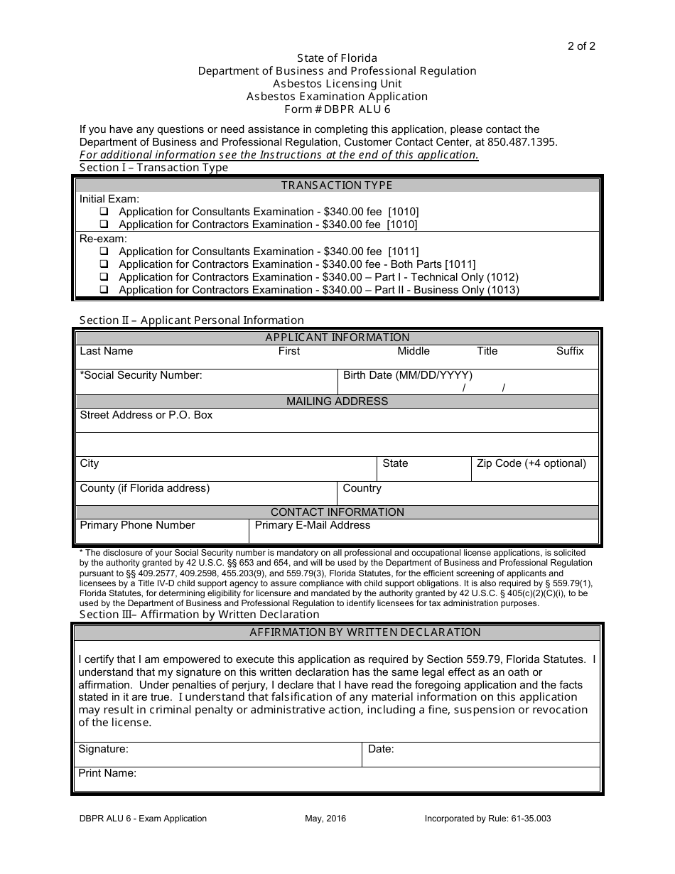 Form DBPR ALU6 Asbestos Examination Application - Florida, Page 2