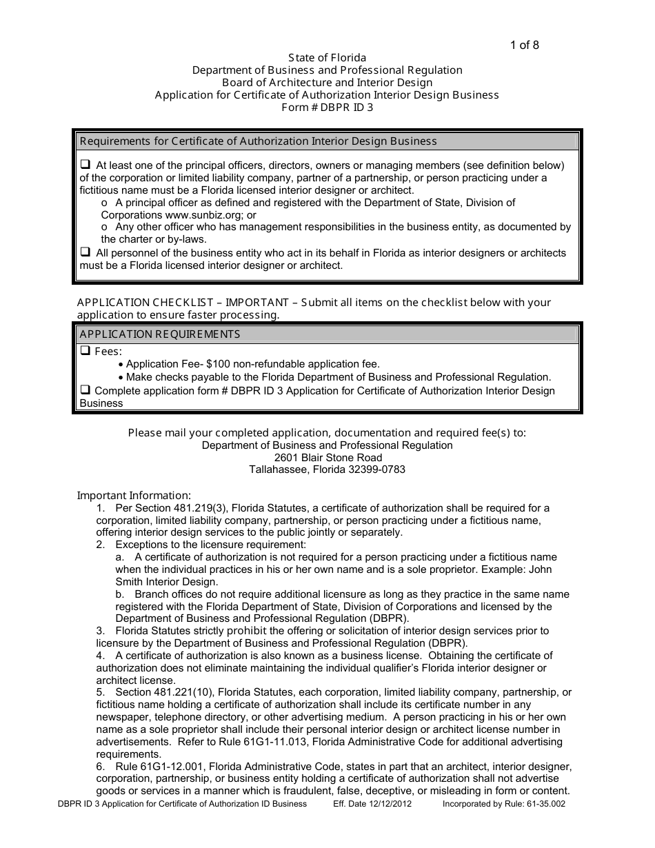 Form DBPR ID3 Application for Certificate of Authorization Interior Design Business - Florida, Page 1
