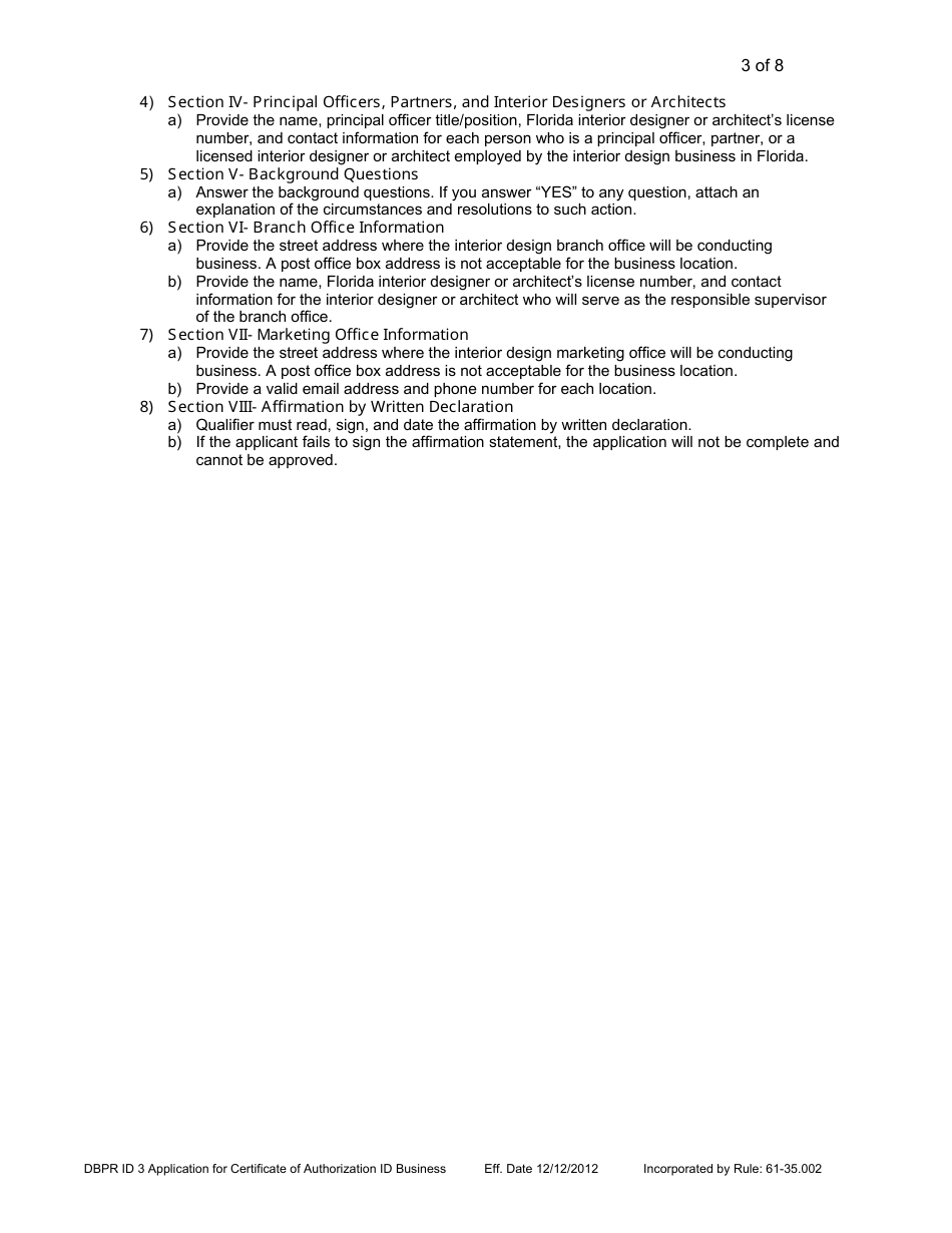 Form DBPR ID3 Application for Certificate of Authorization Interior Design Business - Florida, Page 3