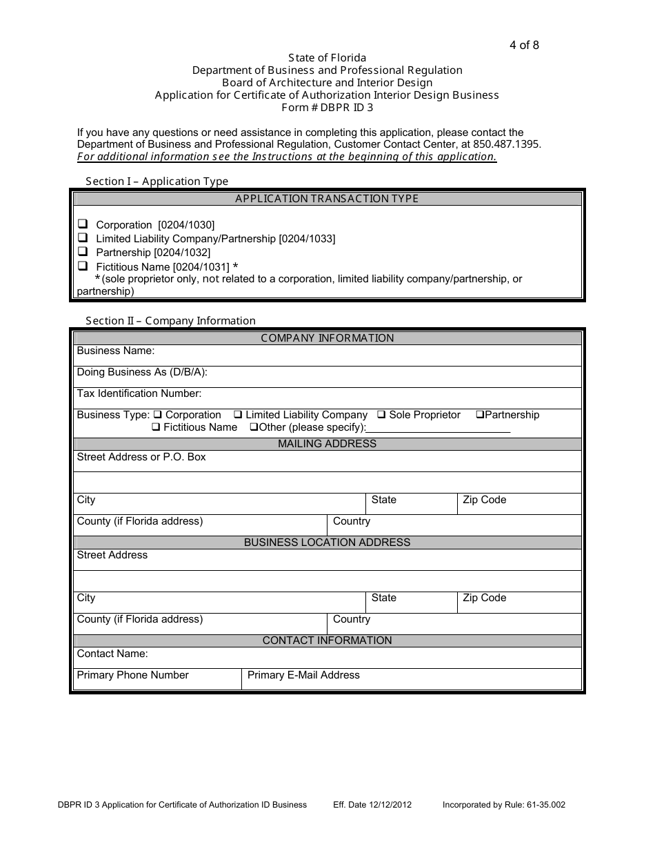 Form Dbpr Id3 - Fill Out, Sign Online And Download Fillable Pdf 