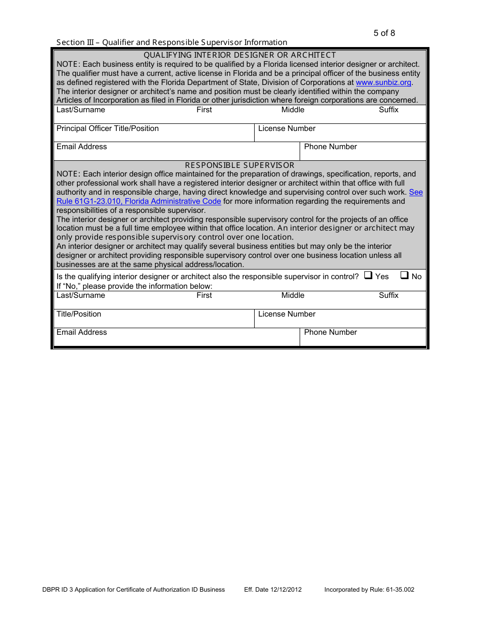 Form DBPR ID3 Application for Certificate of Authorization Interior Design Business - Florida, Page 5