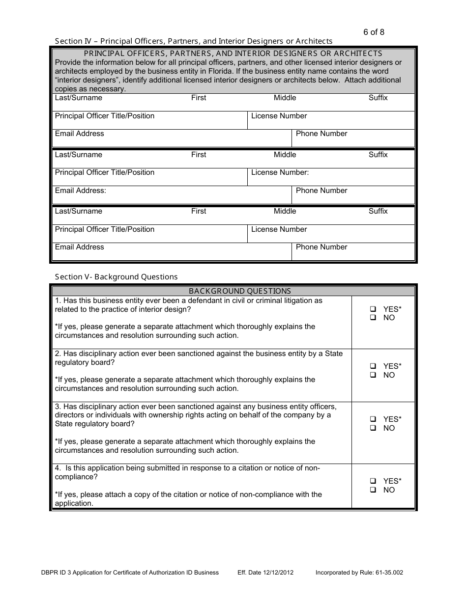 Form DBPR ID3 Application for Certificate of Authorization Interior Design Business - Florida, Page 6