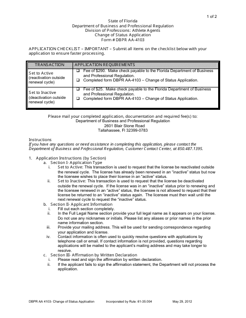 Form DBPR AA-4103 Change of Status Application - Florida