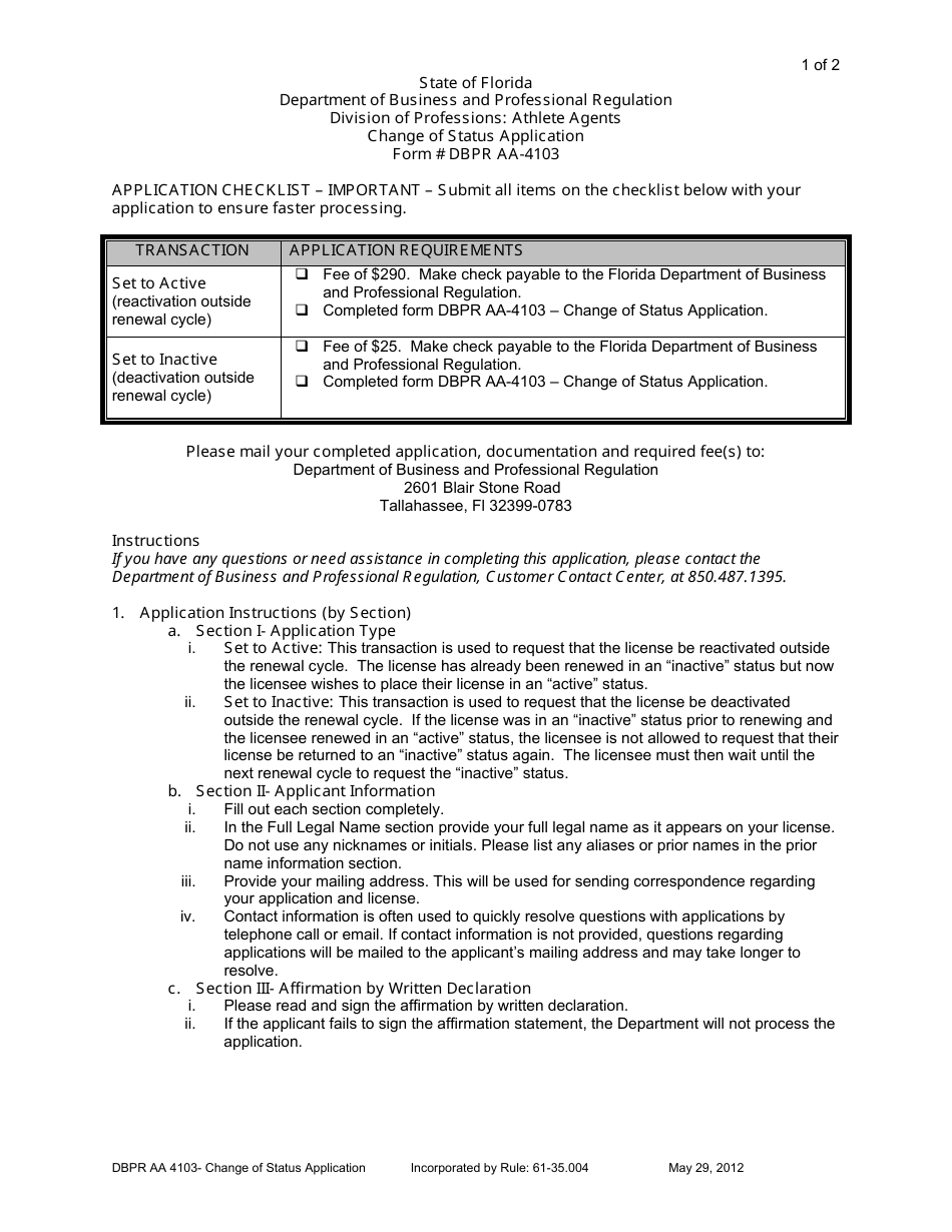 Form DBPR AA-4103 Change of Status Application - Florida, Page 1