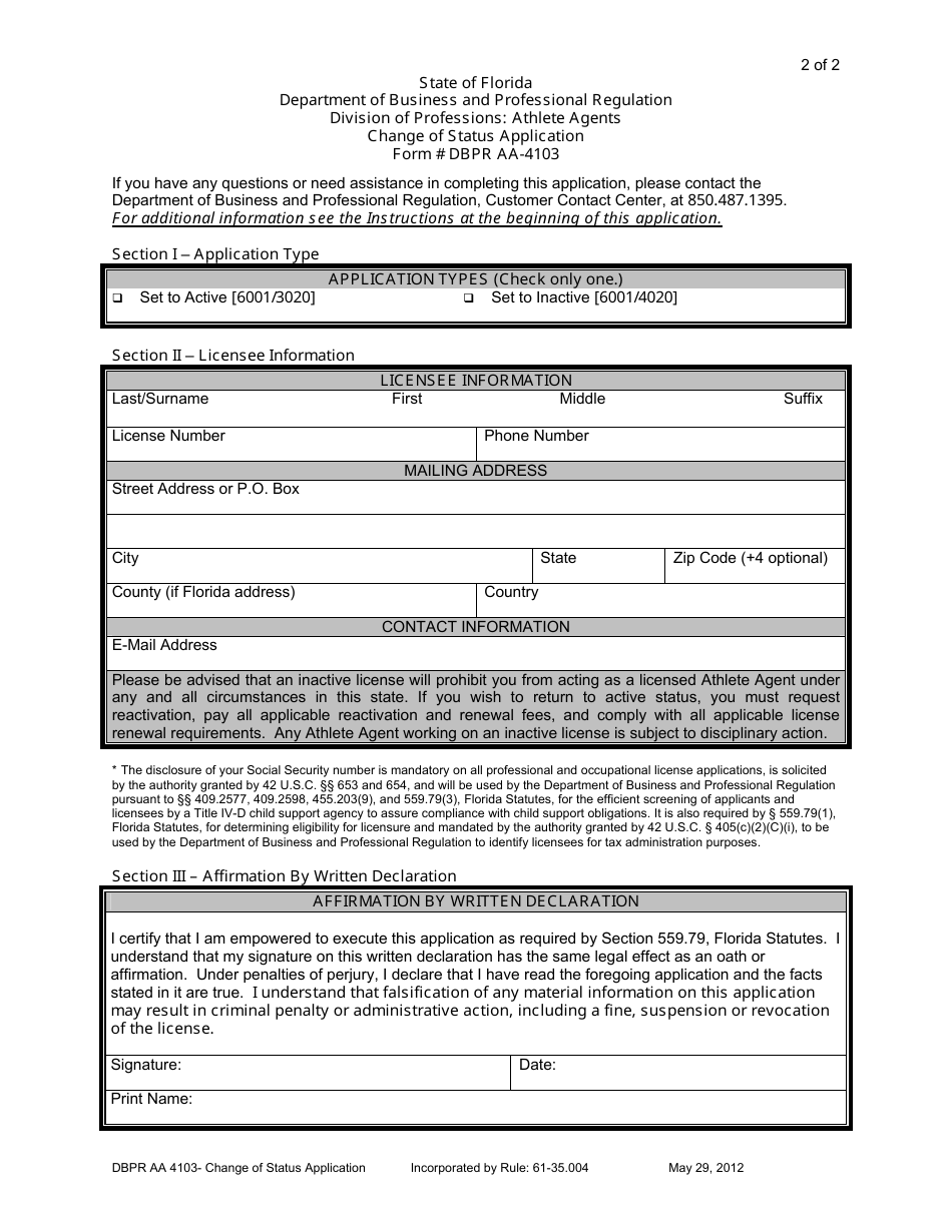 Form DBPR AA-4103 Change of Status Application - Florida, Page 2
