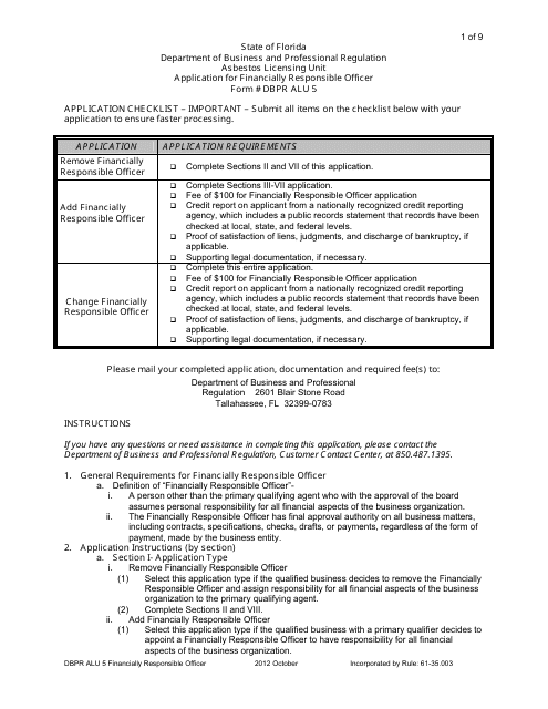 Form DBPR ALU5 Application for Financially Responsible Officer - Florida
