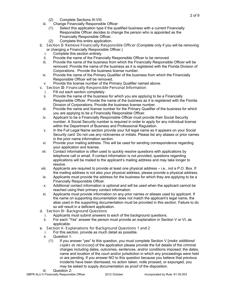 Form DBPR ALU5 Application for Financially Responsible Officer - Florida, Page 2