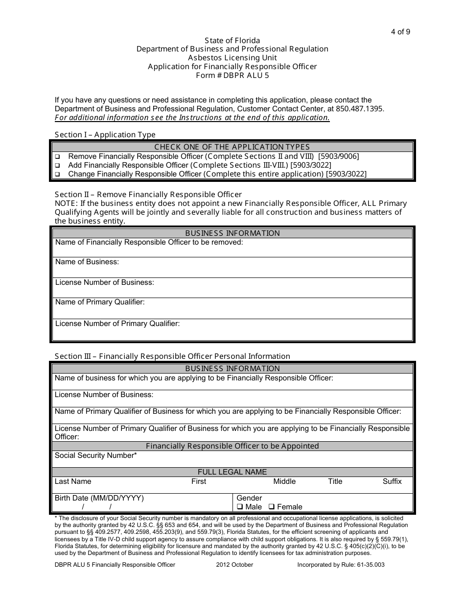 Form DBPR ALU5 Application for Financially Responsible Officer - Florida, Page 4
