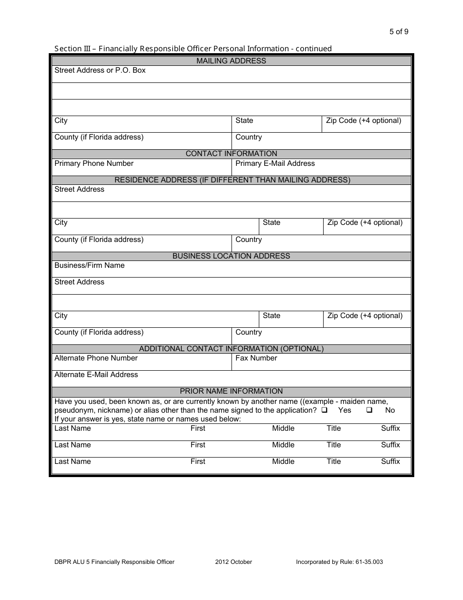 Form DBPR ALU5 Application for Financially Responsible Officer - Florida, Page 5