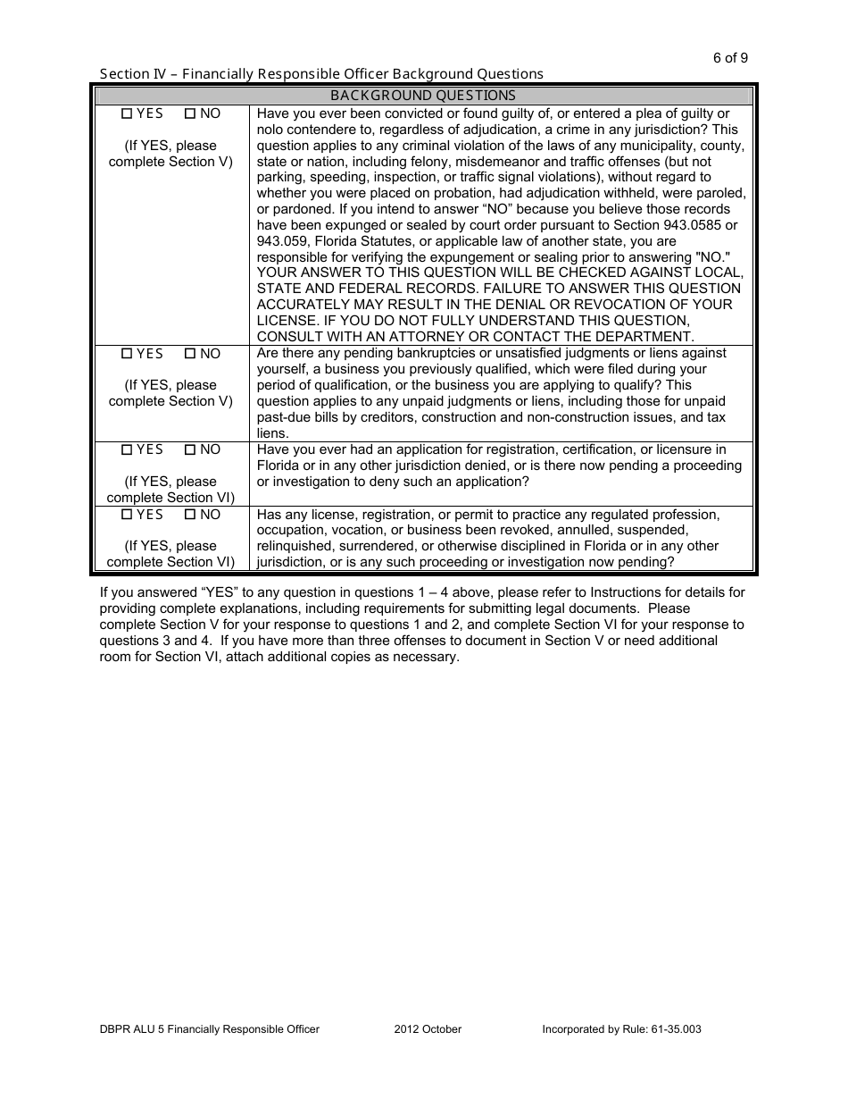 Form DBPR ALU5 Application for Financially Responsible Officer - Florida, Page 6