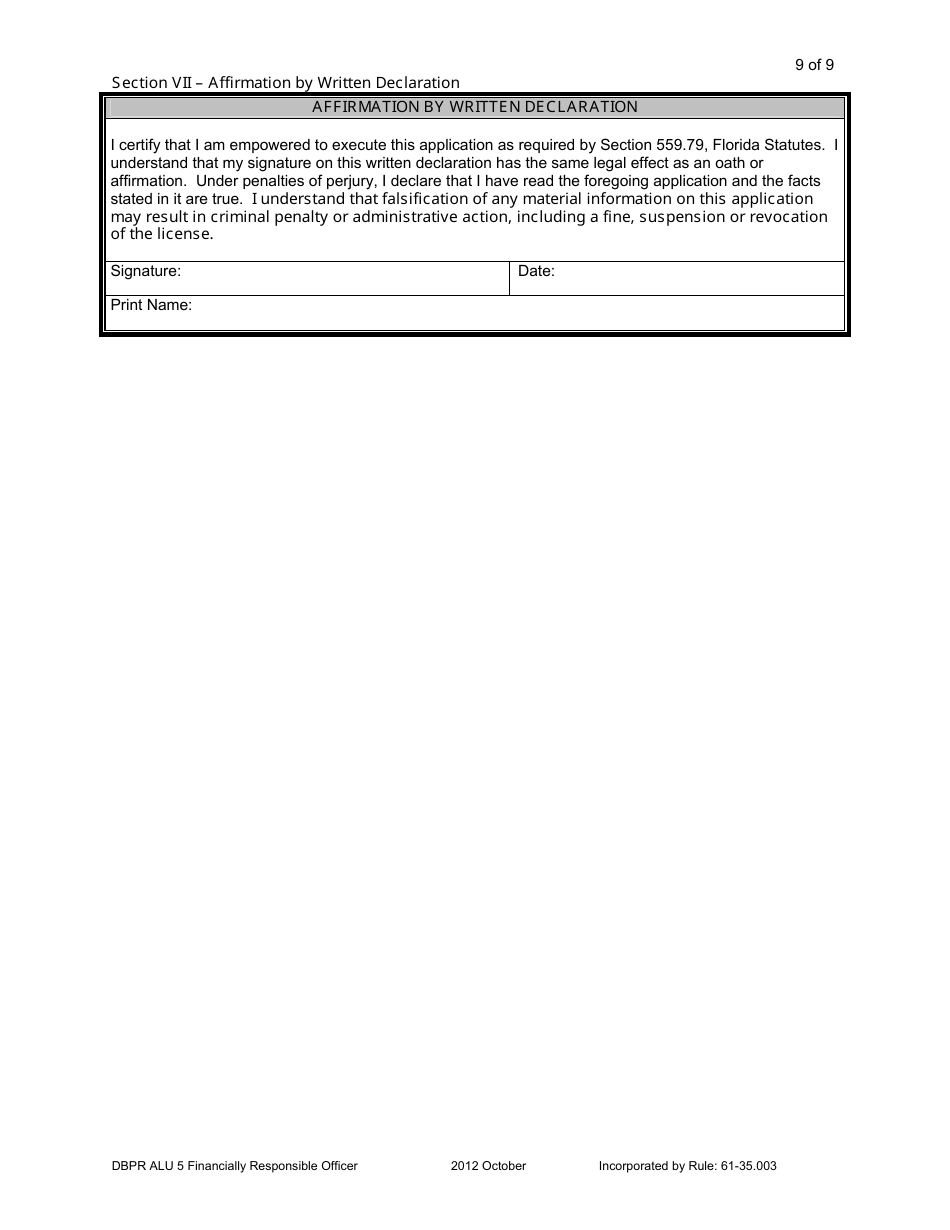 Form DBPR ALU5 Application for Financially Responsible Officer - Florida, Page 9