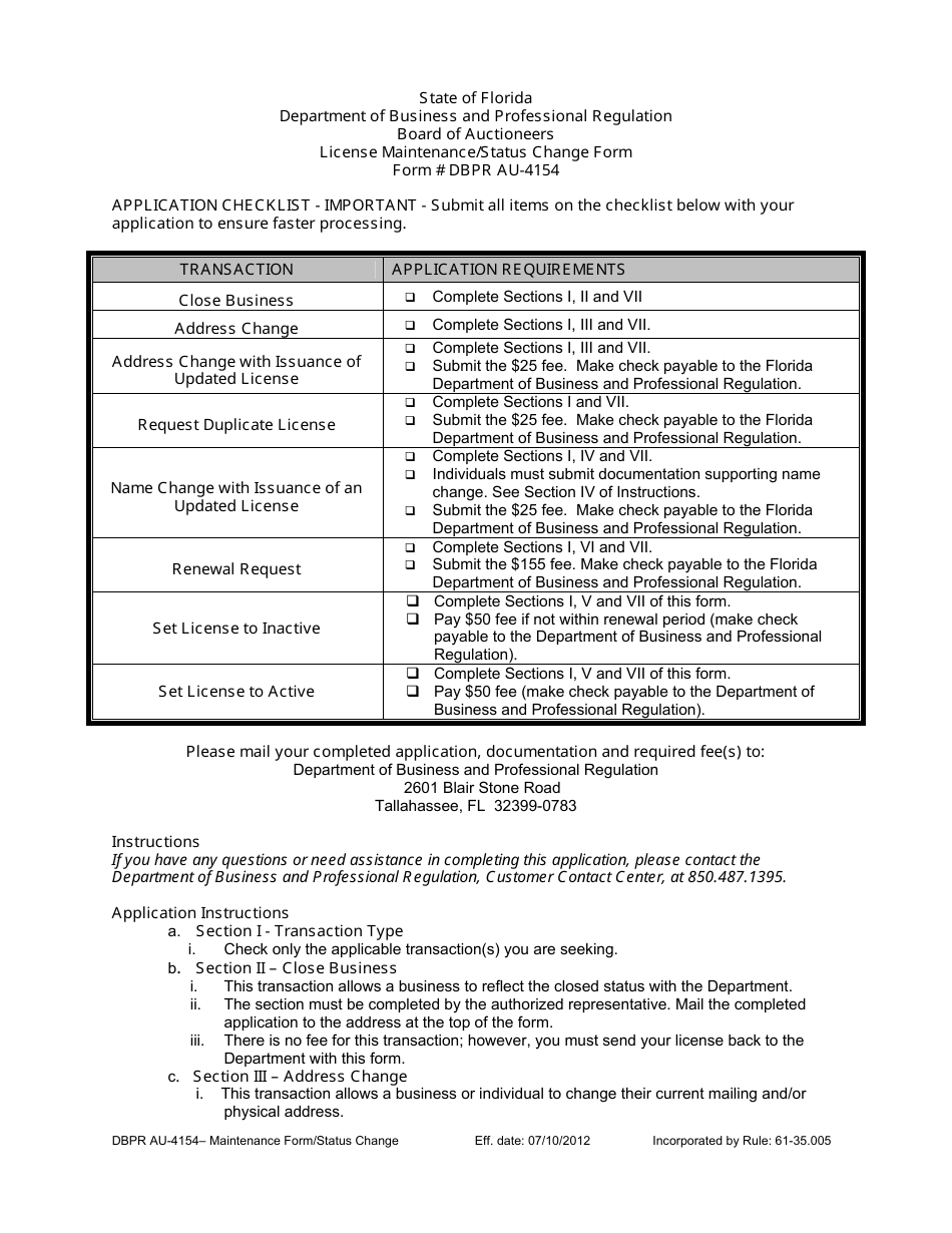 Form DBPR AU-4154 License Maintenance / Status Change Form - Florida, Page 1