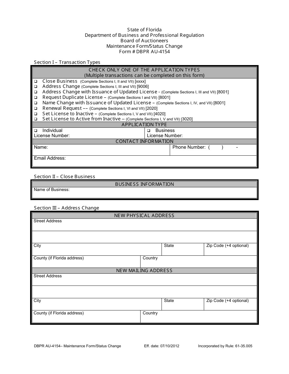 Form DBPR AU-4154 License Maintenance / Status Change Form - Florida, Page 3