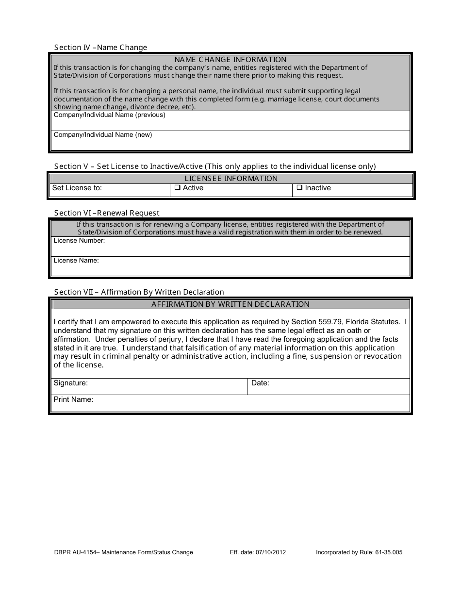 Form DBPR AU-4154 License Maintenance / Status Change Form - Florida, Page 4