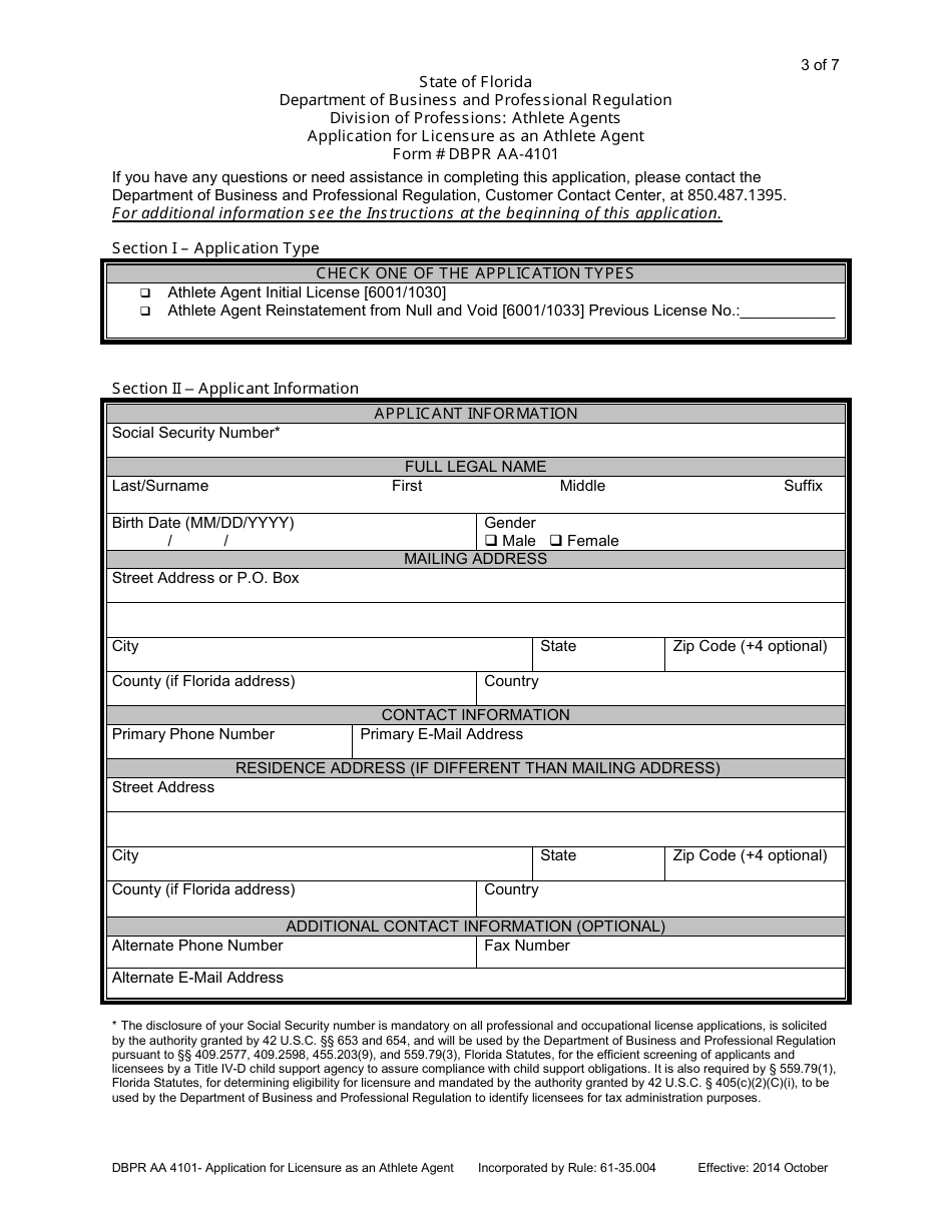 Form DBPR AA-4101 Application for Licensure as an Athlete Agent - Florida, Page 3