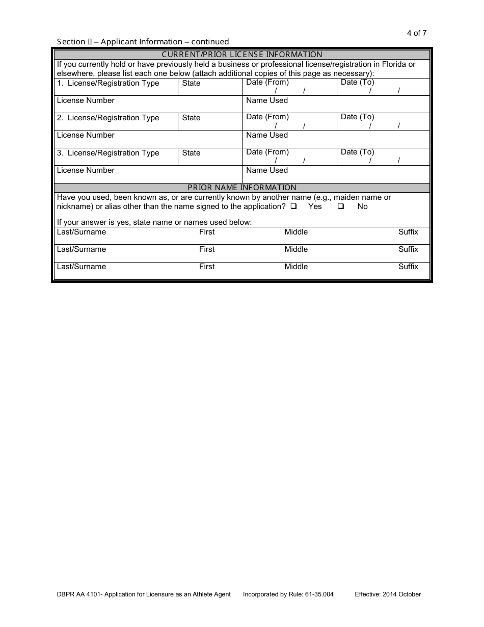 Form DBPR AA-4101 Application for Licensure as an Athlete Agent - Florida, Page 4