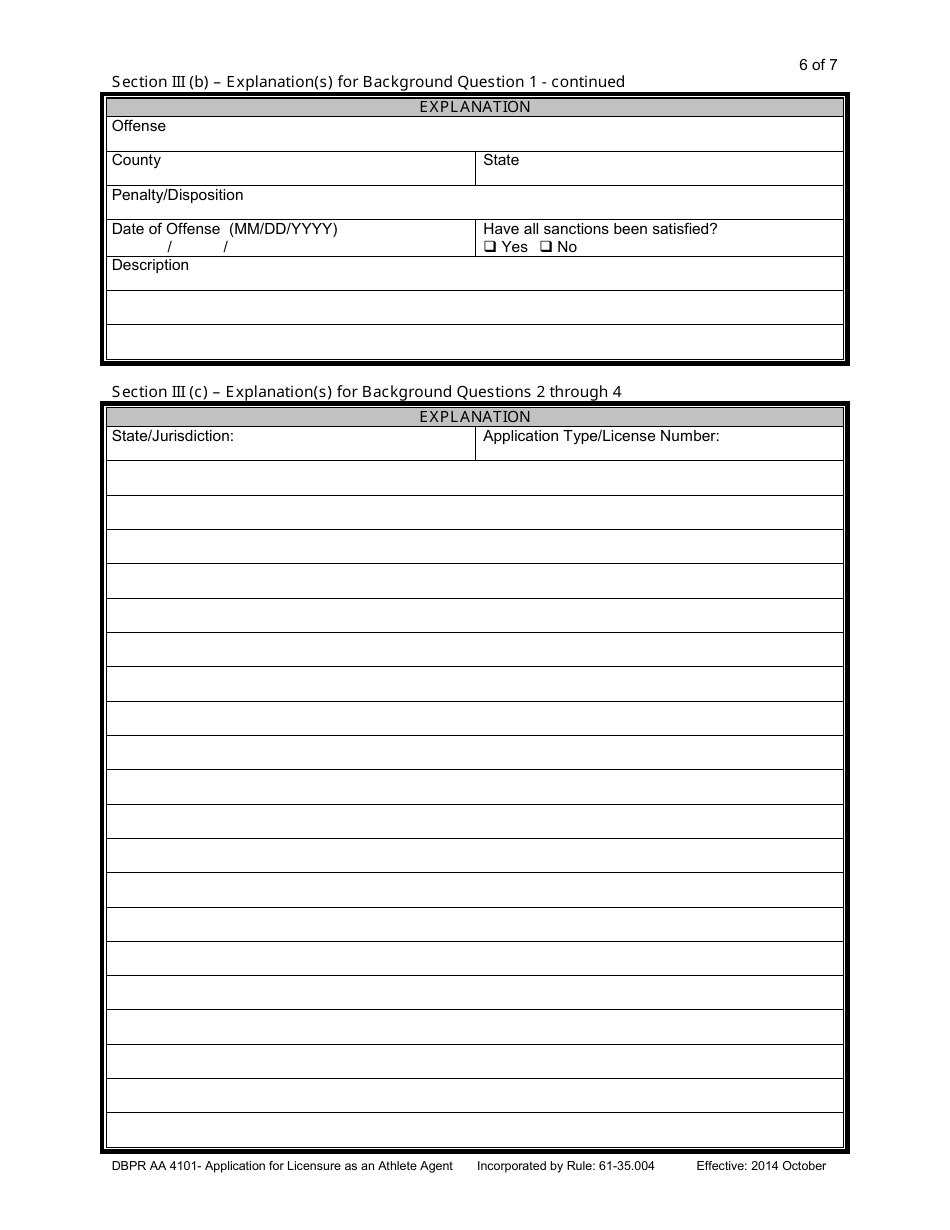 Form DBPR AA-4101 Application for Licensure as an Athlete Agent - Florida, Page 6