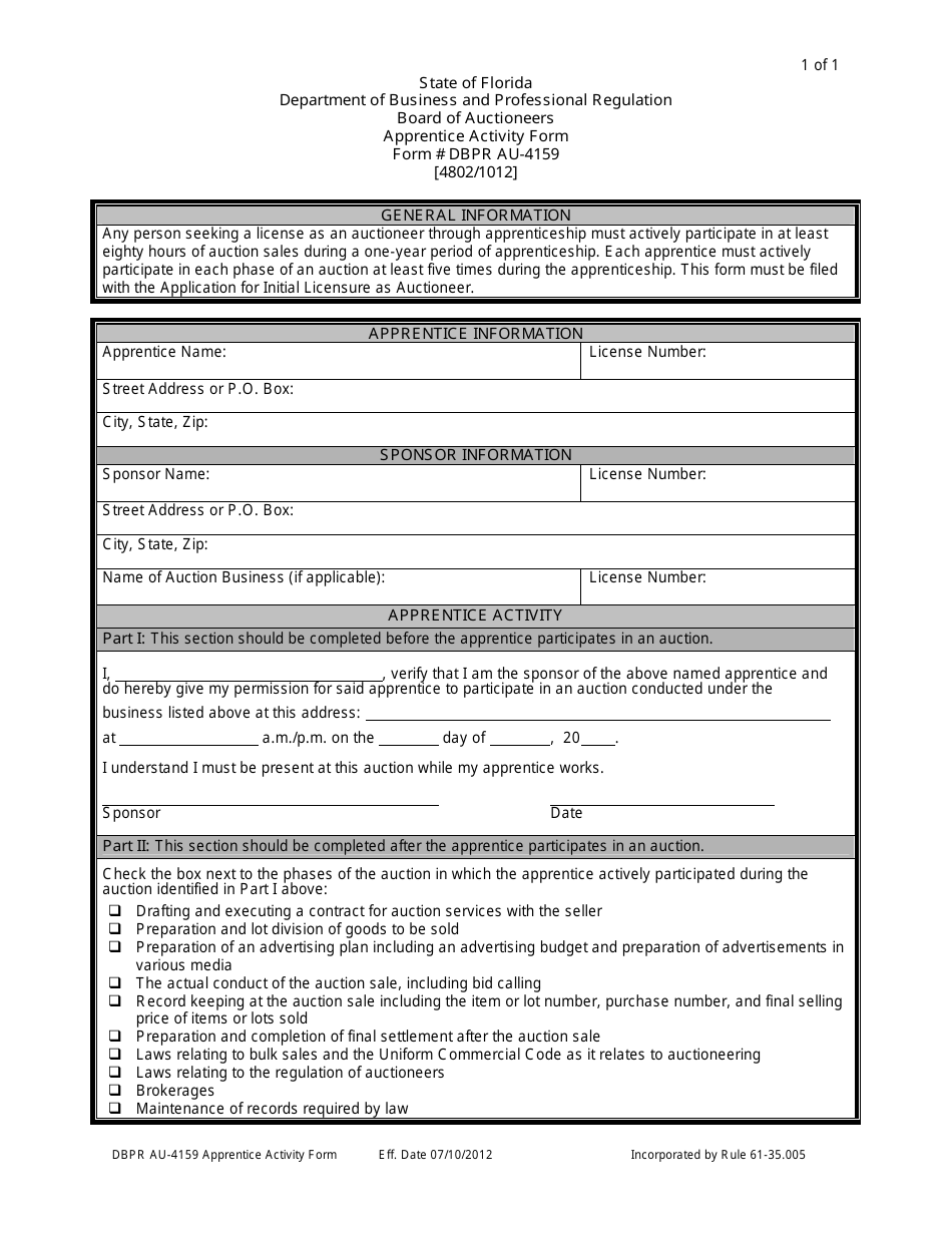 Form DBPR AU-4159 Apprentice Activity Form - Florida, Page 1