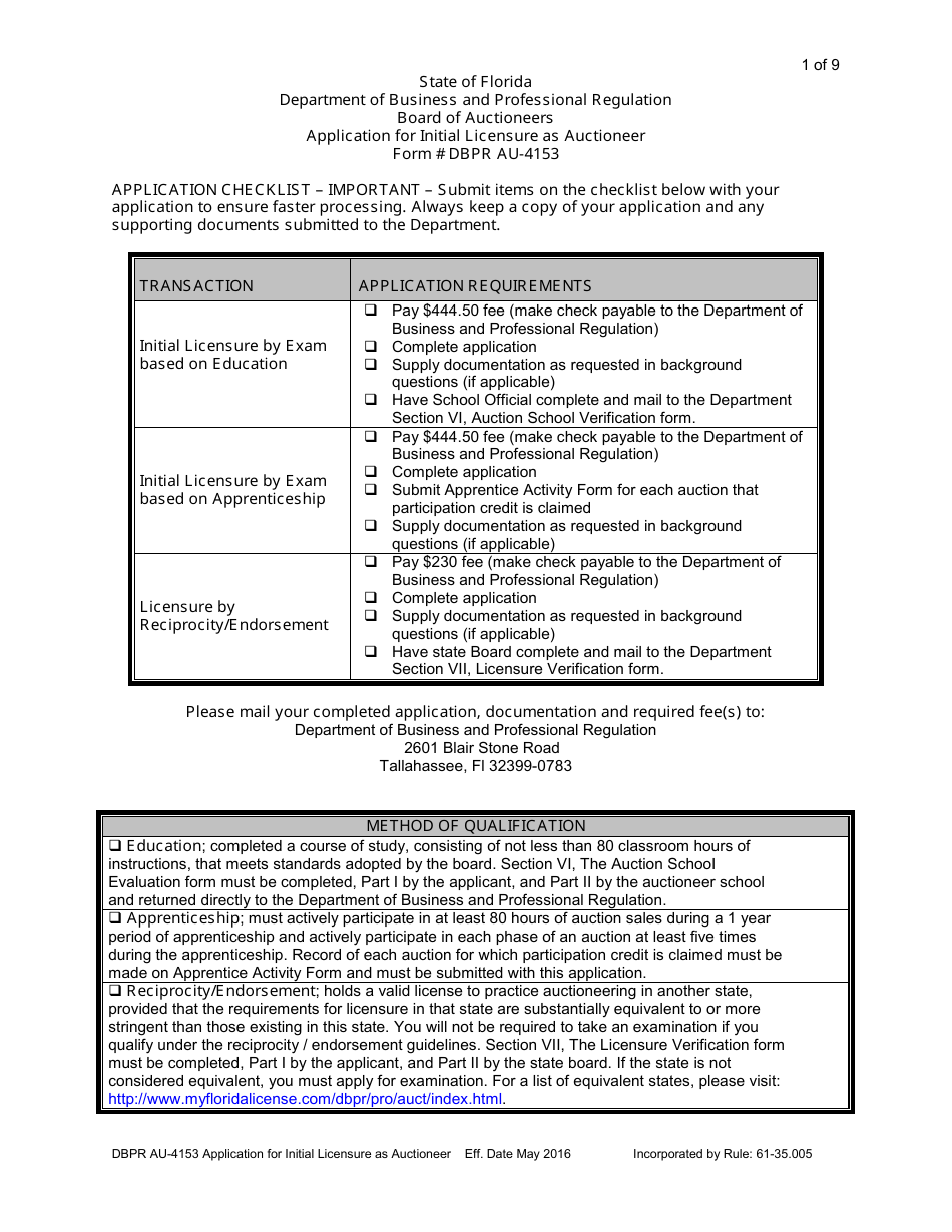 Form DBPR AU-4153 Application for Initial Licensure as Auctioneer - Florida, Page 1
