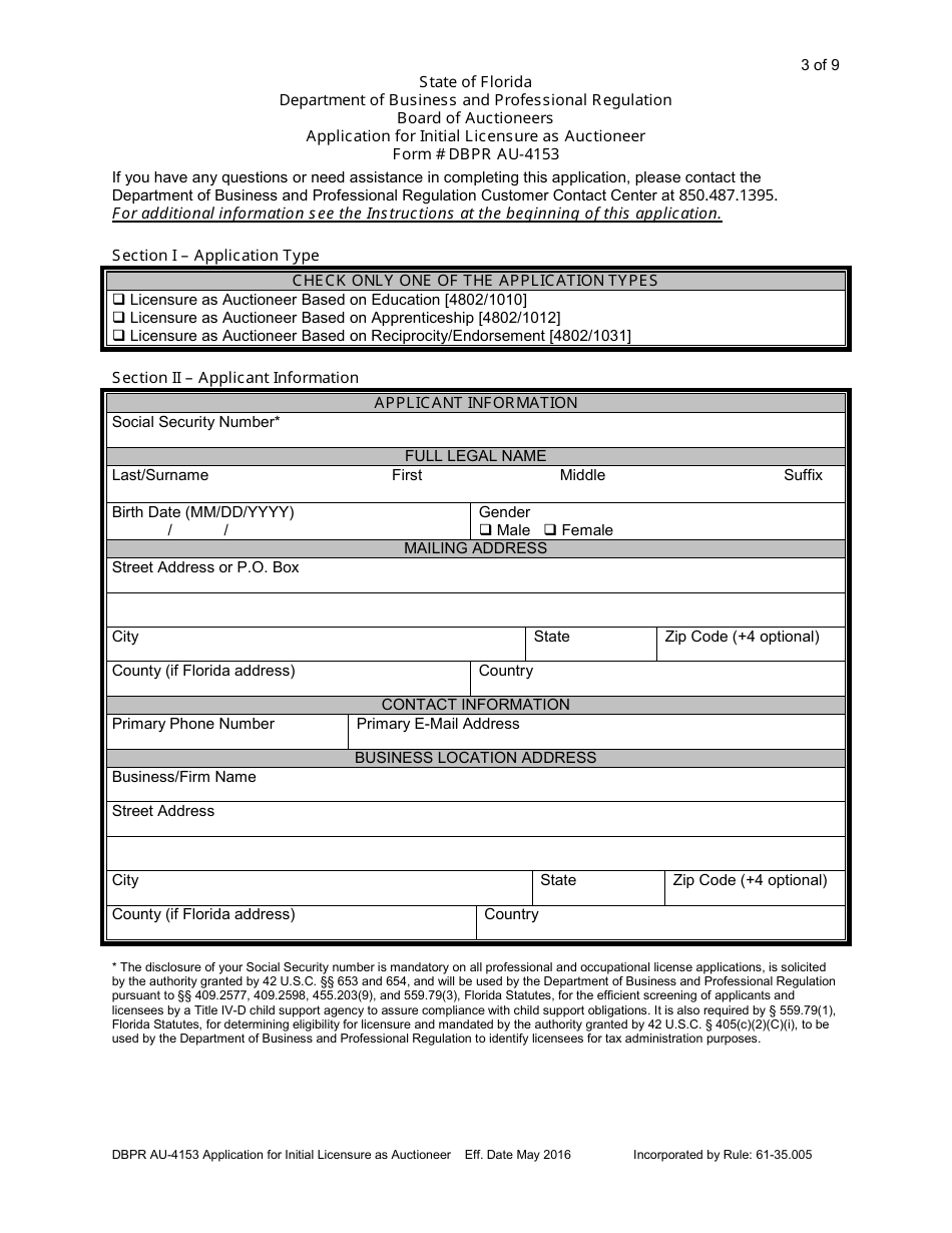 Form DBPR AU-4153 Application for Initial Licensure as Auctioneer - Florida, Page 3