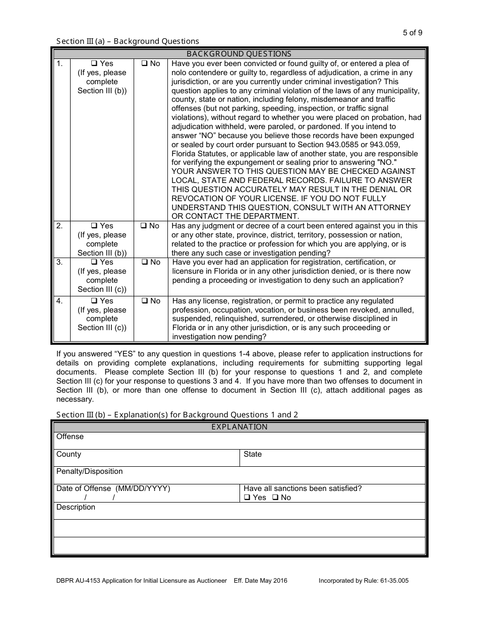 Form DBPR AU-4153 Application for Initial Licensure as Auctioneer - Florida, Page 5