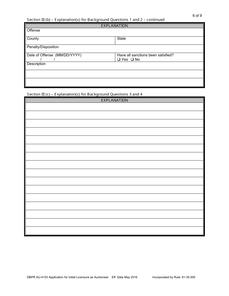 Form DBPR AU-4153 Application for Initial Licensure as Auctioneer - Florida, Page 6