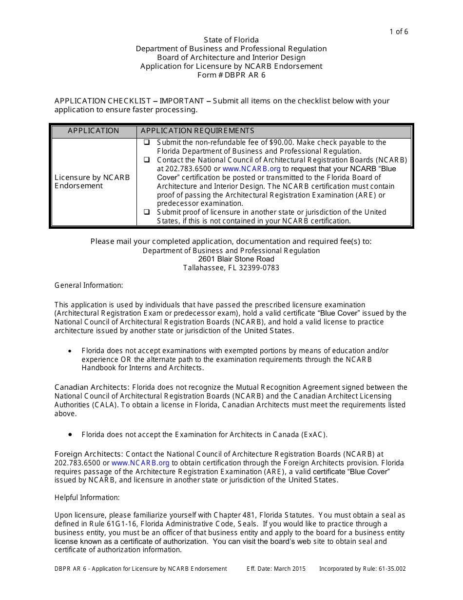Form DBPR AR6 Application for Licensure by Ncarb Endorsement - Florida, Page 1