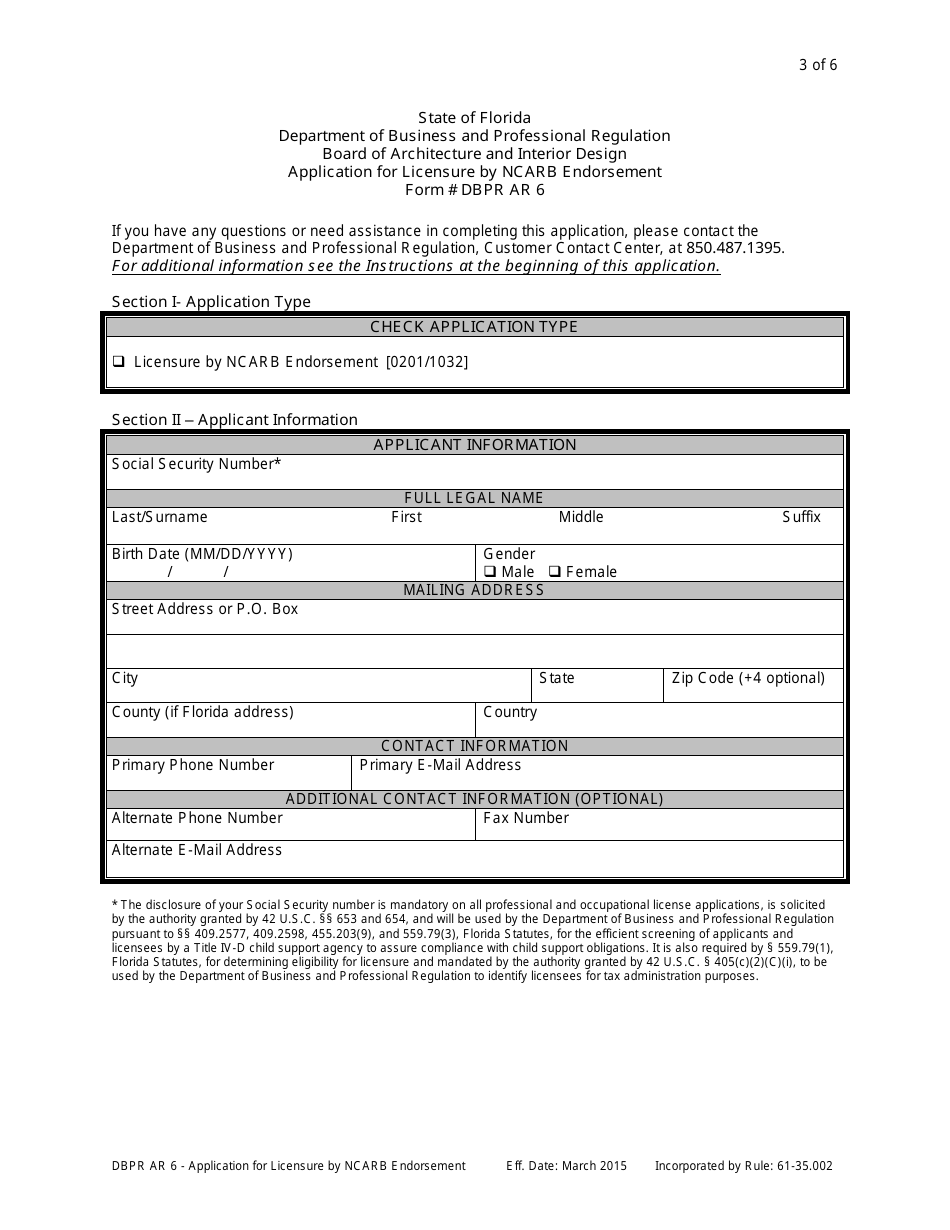 Form DBPR AR6 Application for Licensure by Ncarb Endorsement - Florida, Page 3