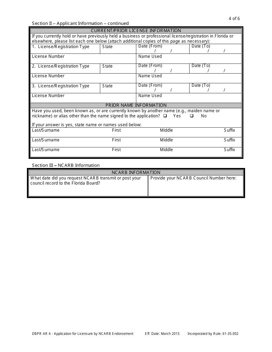 Form DBPR AR6 Application for Licensure by Ncarb Endorsement - Florida, Page 4