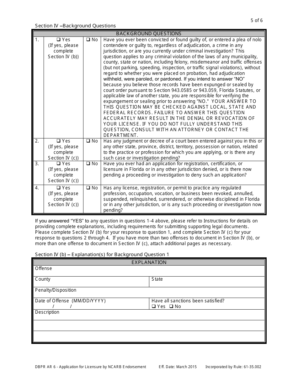 Form DBPR AR6 Application for Licensure by Ncarb Endorsement - Florida, Page 5
