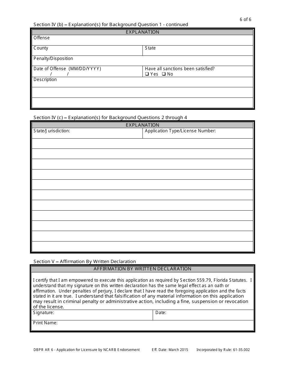 Form DBPR AR6 Application for Licensure by Ncarb Endorsement - Florida, Page 6