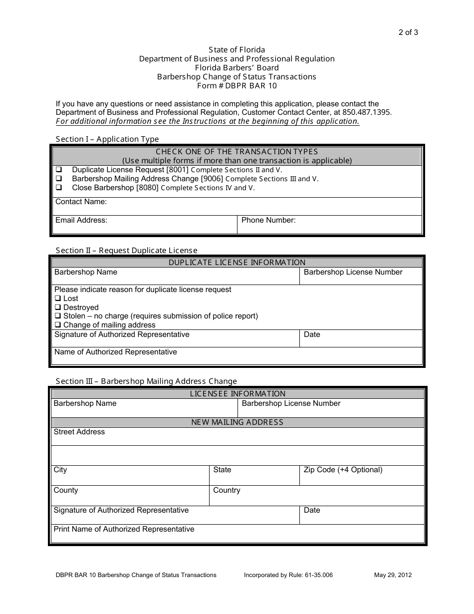 Form DBPR BAR10 Barbershop Change of Status Transactions - Florida, Page 2