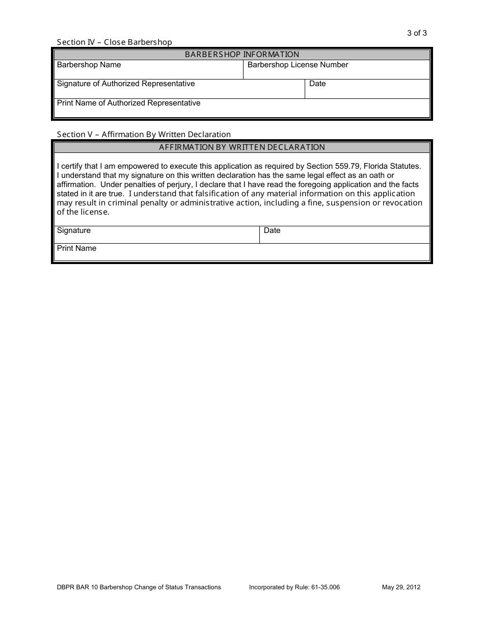 Form DBPR BAR10 Barbershop Change of Status Transactions - Florida, Page 3