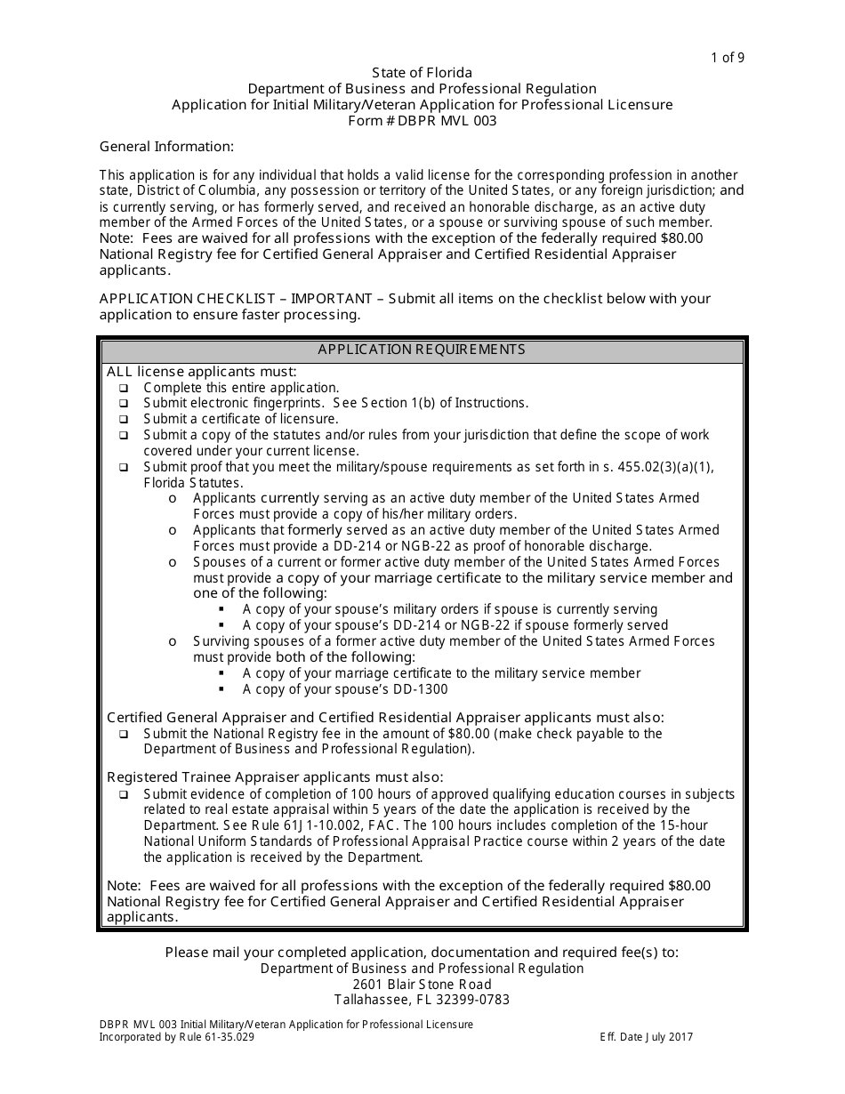 Form DBPR MVL003 Application for Initial Military / Veteran Application for Professional Licensure - Florida, Page 1