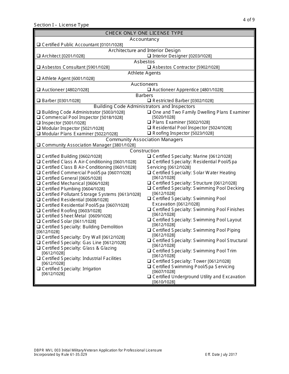 Form DBPR MVL003 Application for Initial Military / Veteran Application for Professional Licensure - Florida, Page 4
