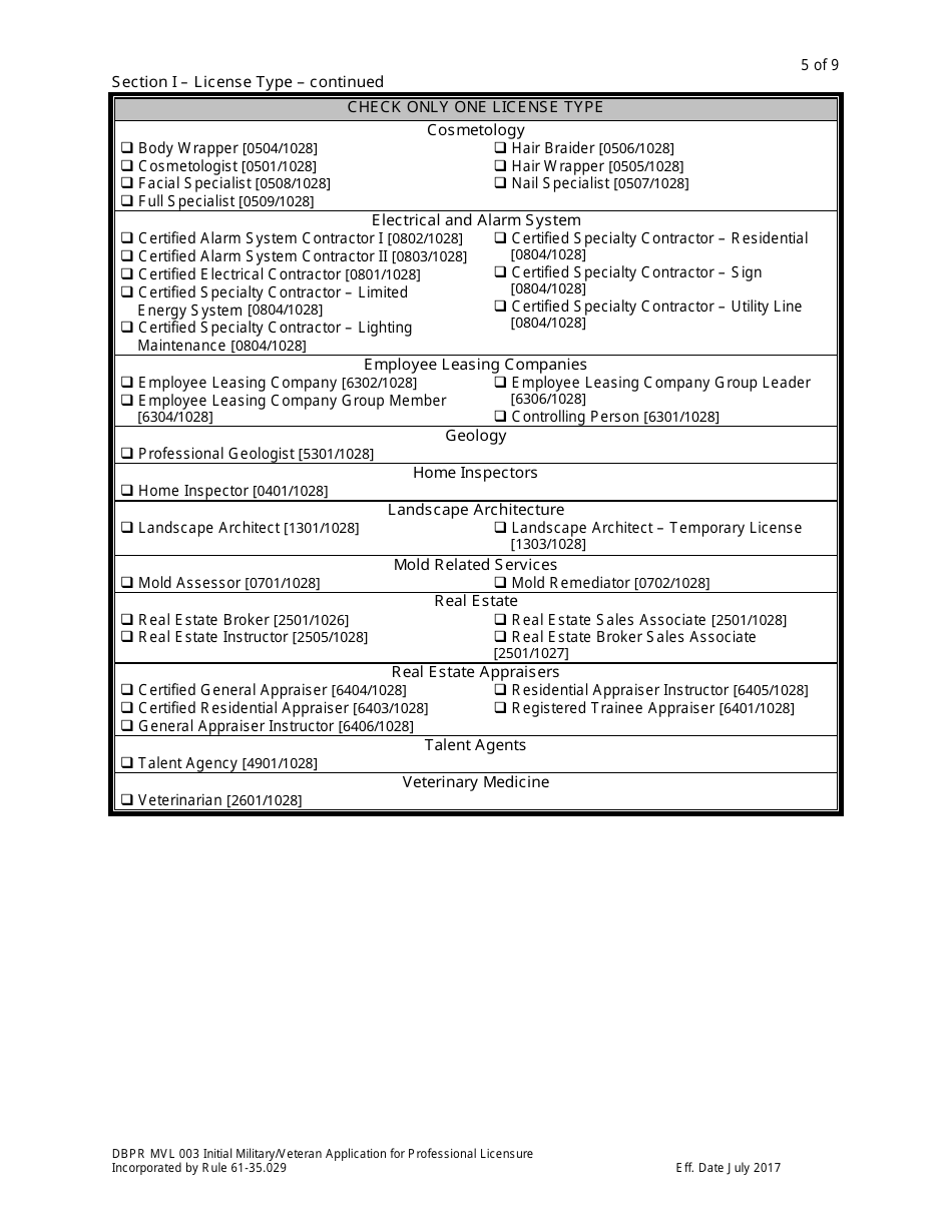Form DBPR MVL003 Application for Initial Military / Veteran Application for Professional Licensure - Florida, Page 5