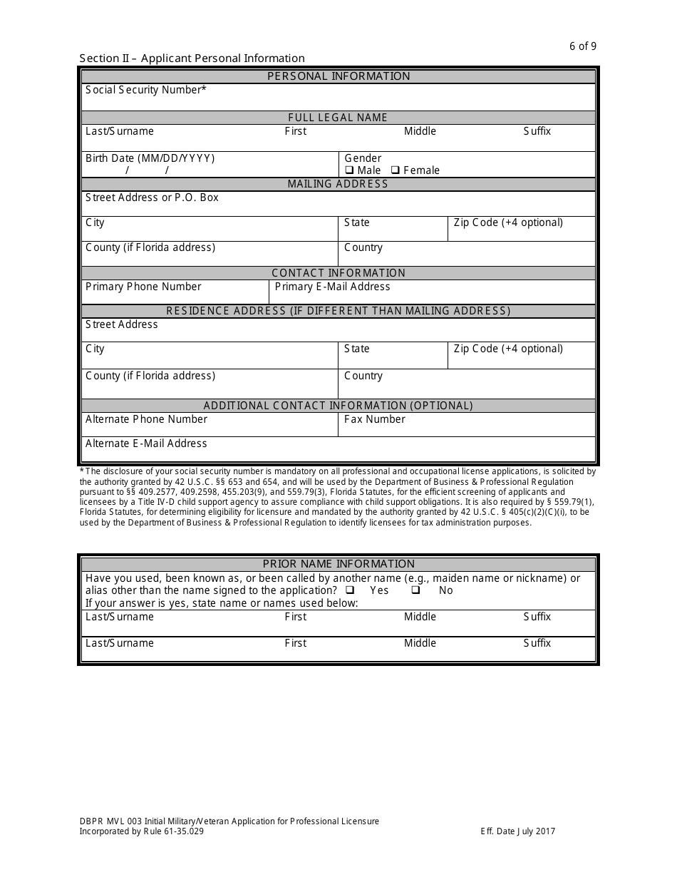 Form DBPR MVL003 Application for Initial Military / Veteran Application for Professional Licensure - Florida, Page 6