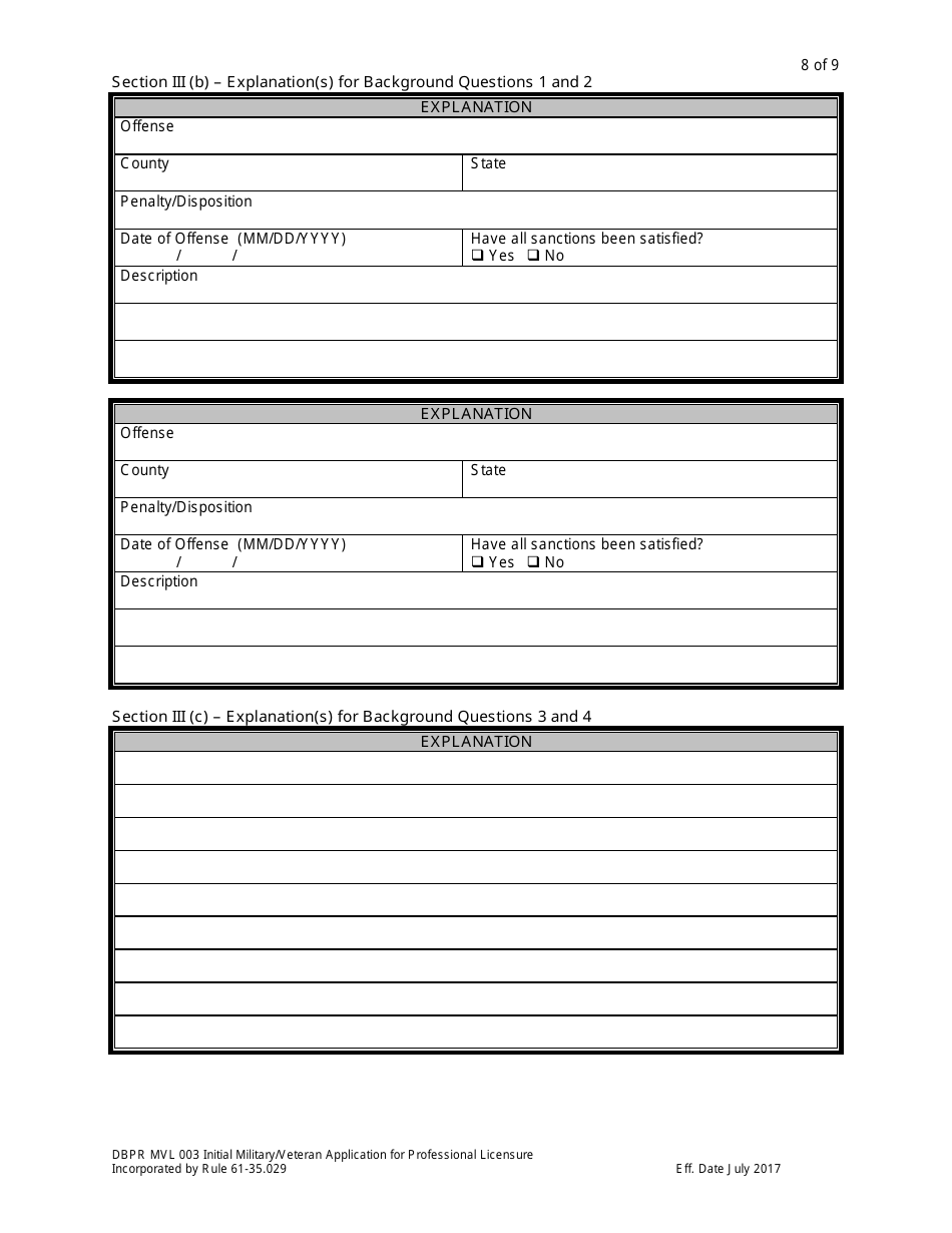 Form DBPR MVL003 Application for Initial Military / Veteran Application for Professional Licensure - Florida, Page 8